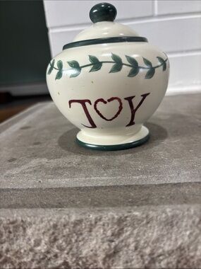 Cream Ceramic Joy Jar with Green Leaf Trim